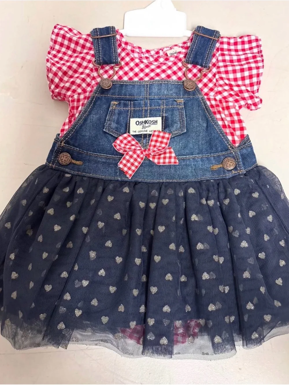 OshKosh B'gosh Red Gingham Onesie with Denim Heart Tulle Skirt Dress
